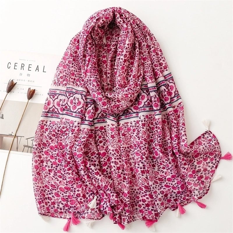 Yarn Cotton Fruit Green Bright Yellow Leaf Printing Tassel Scarf Shawl