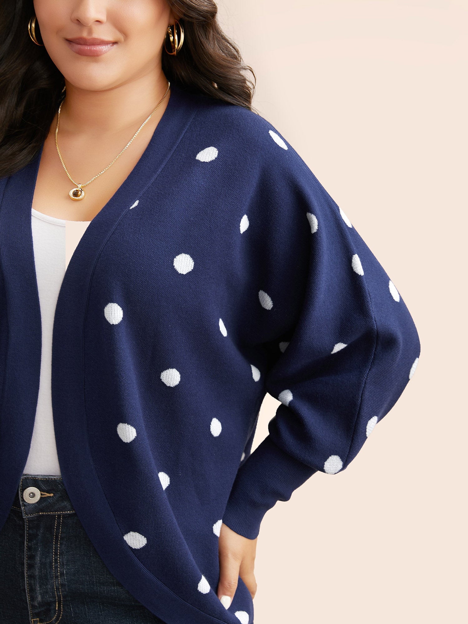 Polka Dot Curved Hem Dolman Sleeve Cardigan