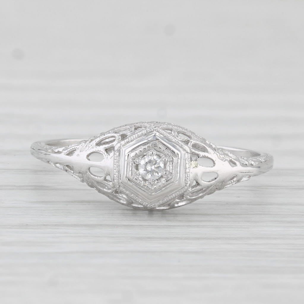 Vintage Filigree Diamond Solitaire Ring 18k White Gold Size 8