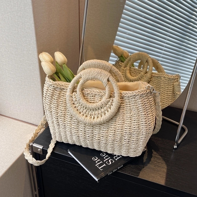 Women's Large Straw Solid Color Vacation Beach String Straw Bag