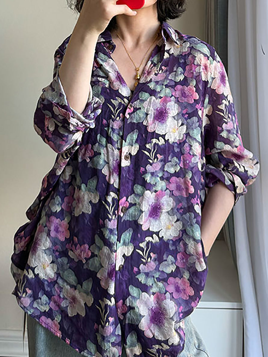Women Summer Artsy Flower Turn-down Collar Long Sleeve Shirt