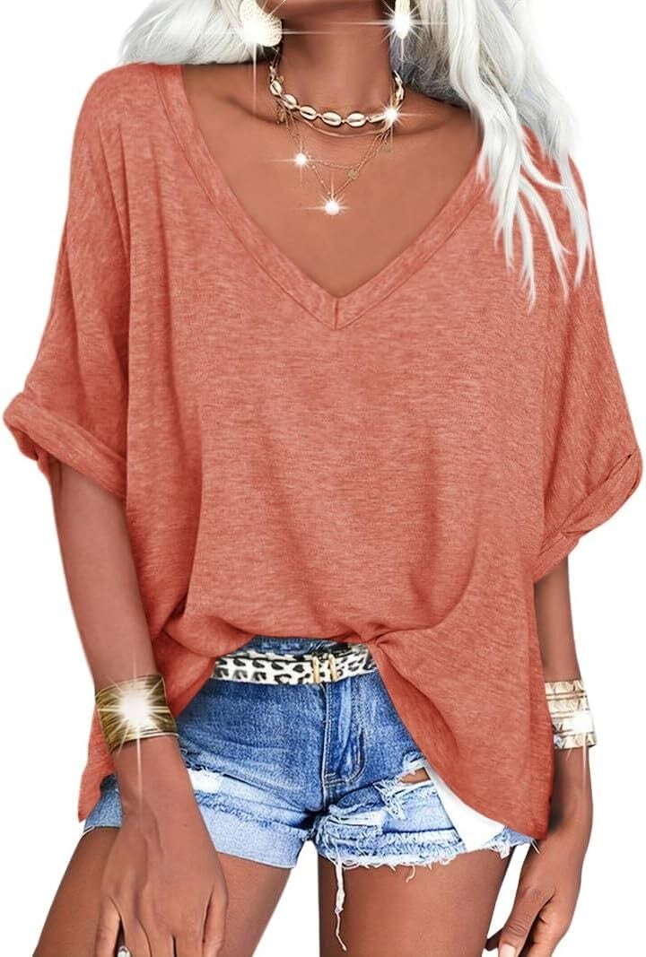 🔥PROMOTION LAST DAY🔥Women's Summer Tops Oversized Tshirts Half Sleeve Loose Fit V Neck Casual Blouse Tee