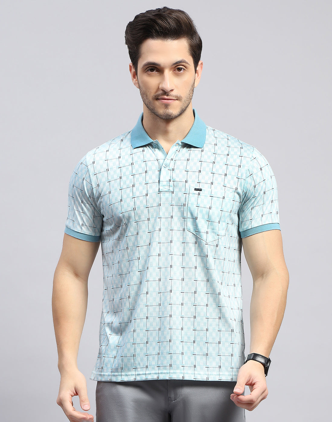 Men Sky Blue Self Design Polo Collar Half Sleeve T-Shirt