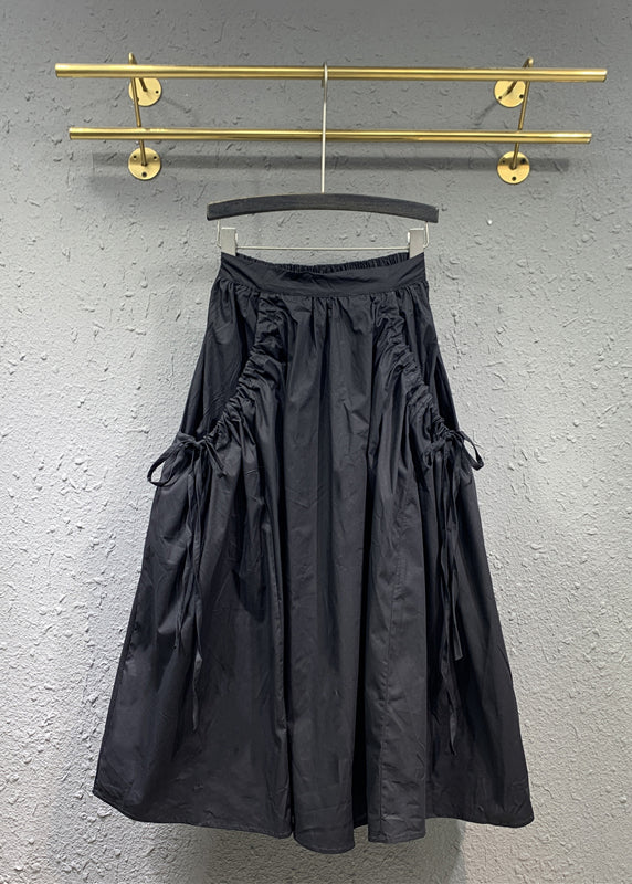 Casual Black Cinched Pockets Elastic Waist Patchwork Cotton Skirt Spring