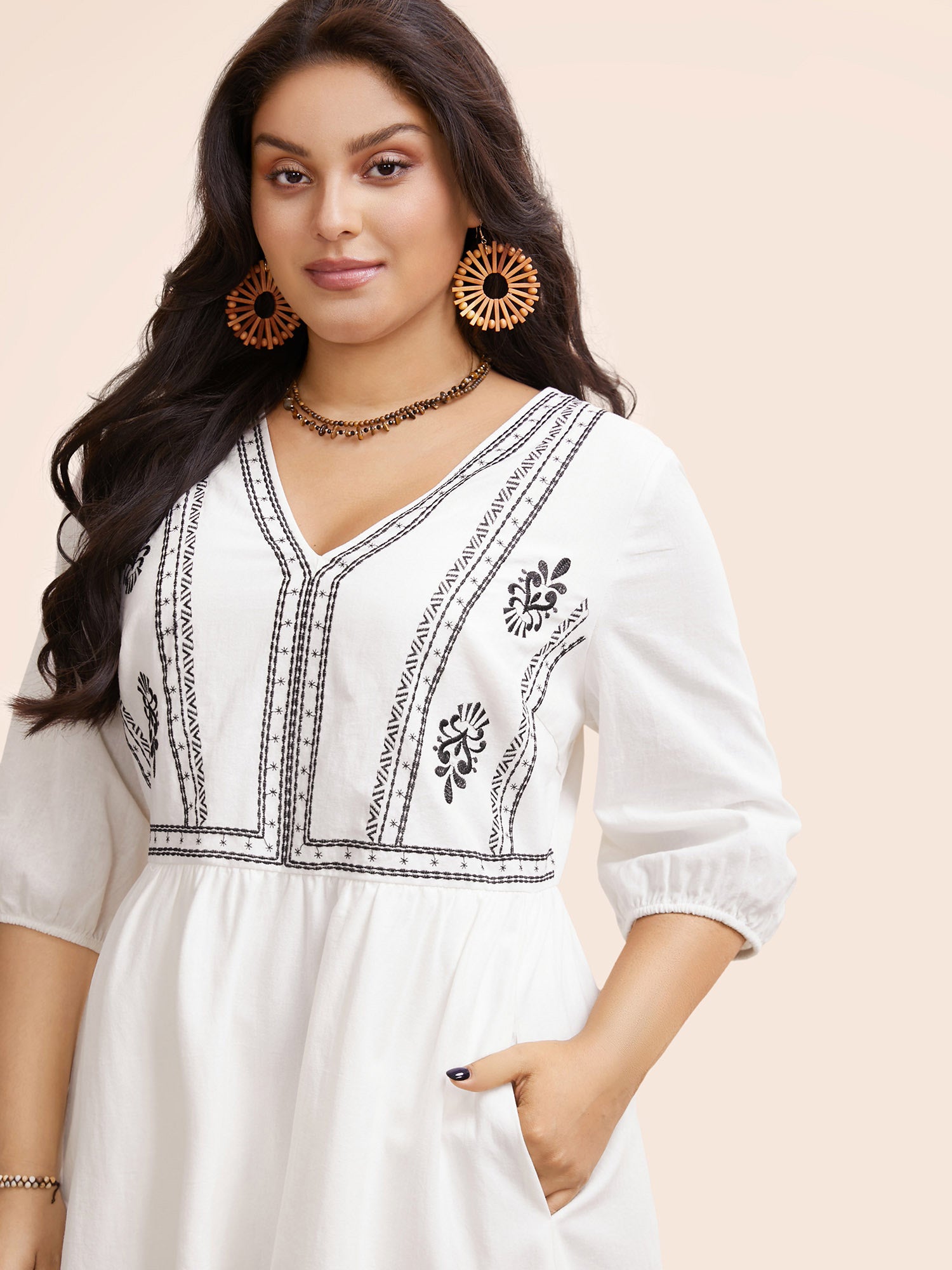 Boho Embroidered Elastic Waist Lantern Sleeve Dress