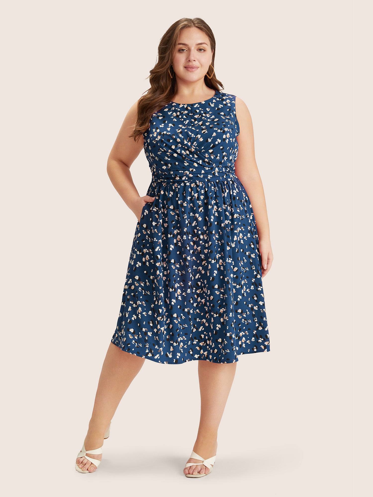 Allover Print Pocket Flutter Crossover Ruched Tank Dress