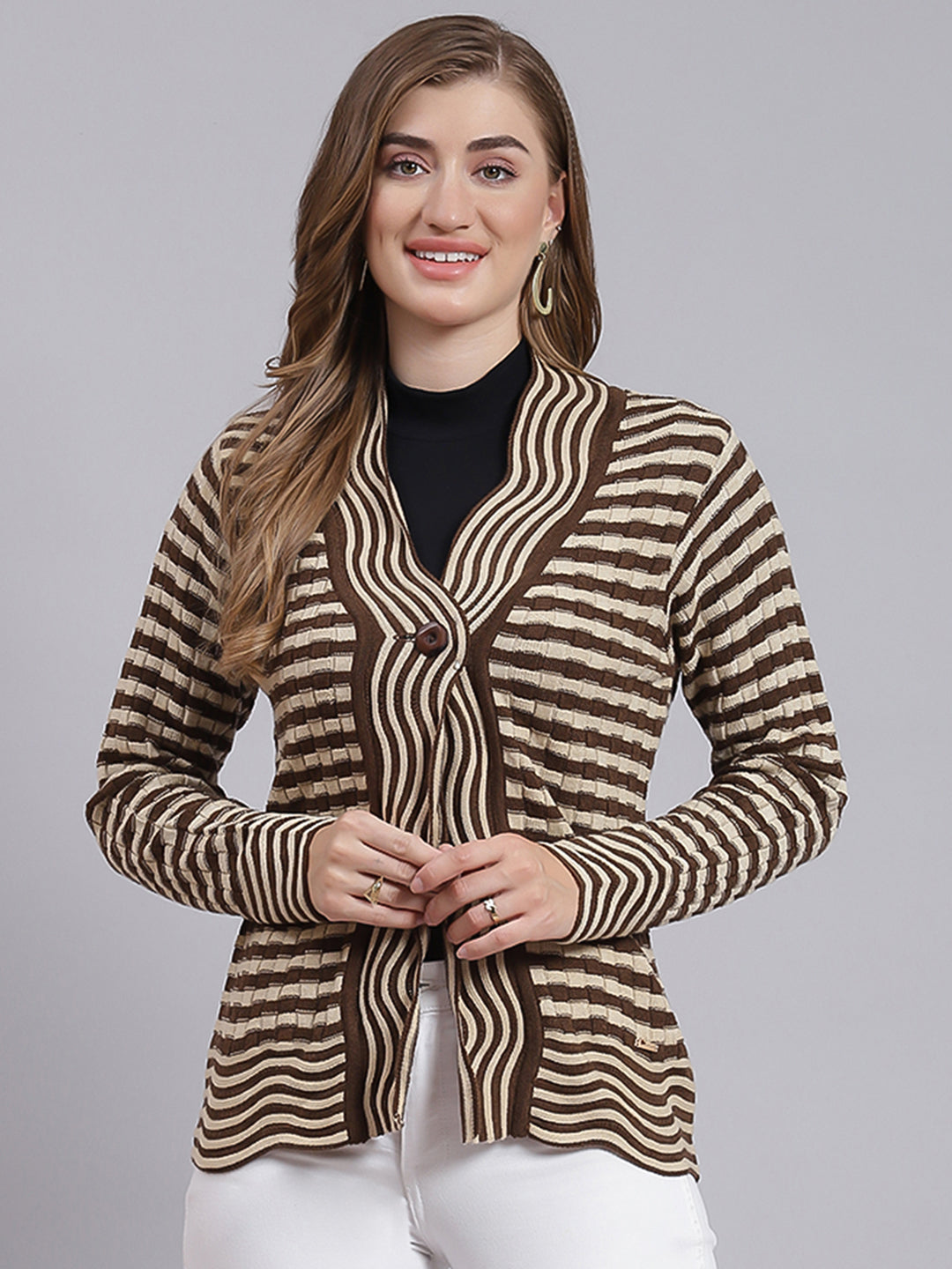 Women Beige & Brown Stripe Wool blend Cardigan