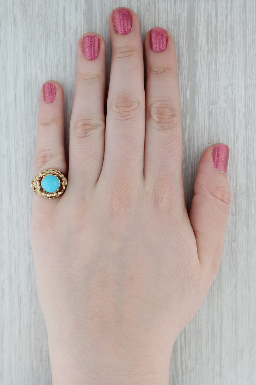 Simulated Turquoise Ring 14k Gold Round Cabochon Size 6.5 Ornate Openwork