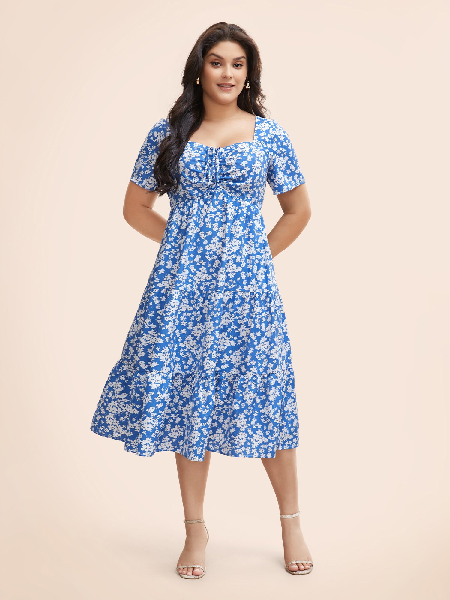 Ditsy Floral Heart Neckline Drawstring Dress