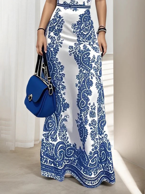 Bodycon High Waisted Flower Print Hollow Cold Shoulder Maxi Dresses