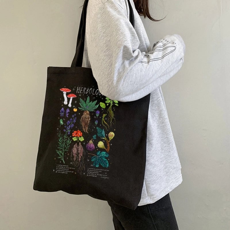 Women's Canvas Printing Letter Mushroom Cute Basic Square Open Canvas Bag