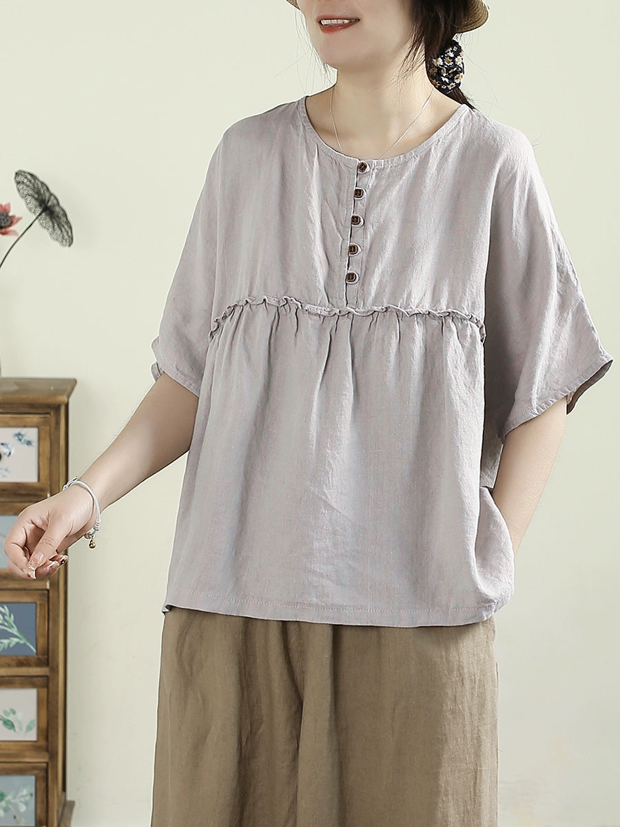 Women Summer Vintage Pure Color Spliced 100%Linen O-Neck Shirt