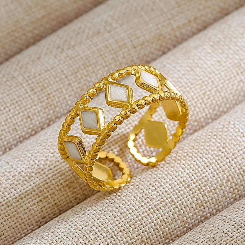 Rock Oversized Leaves Eye Flower 304 Stainless Steel Gem 18K Gold Plated Inlay Open Rings