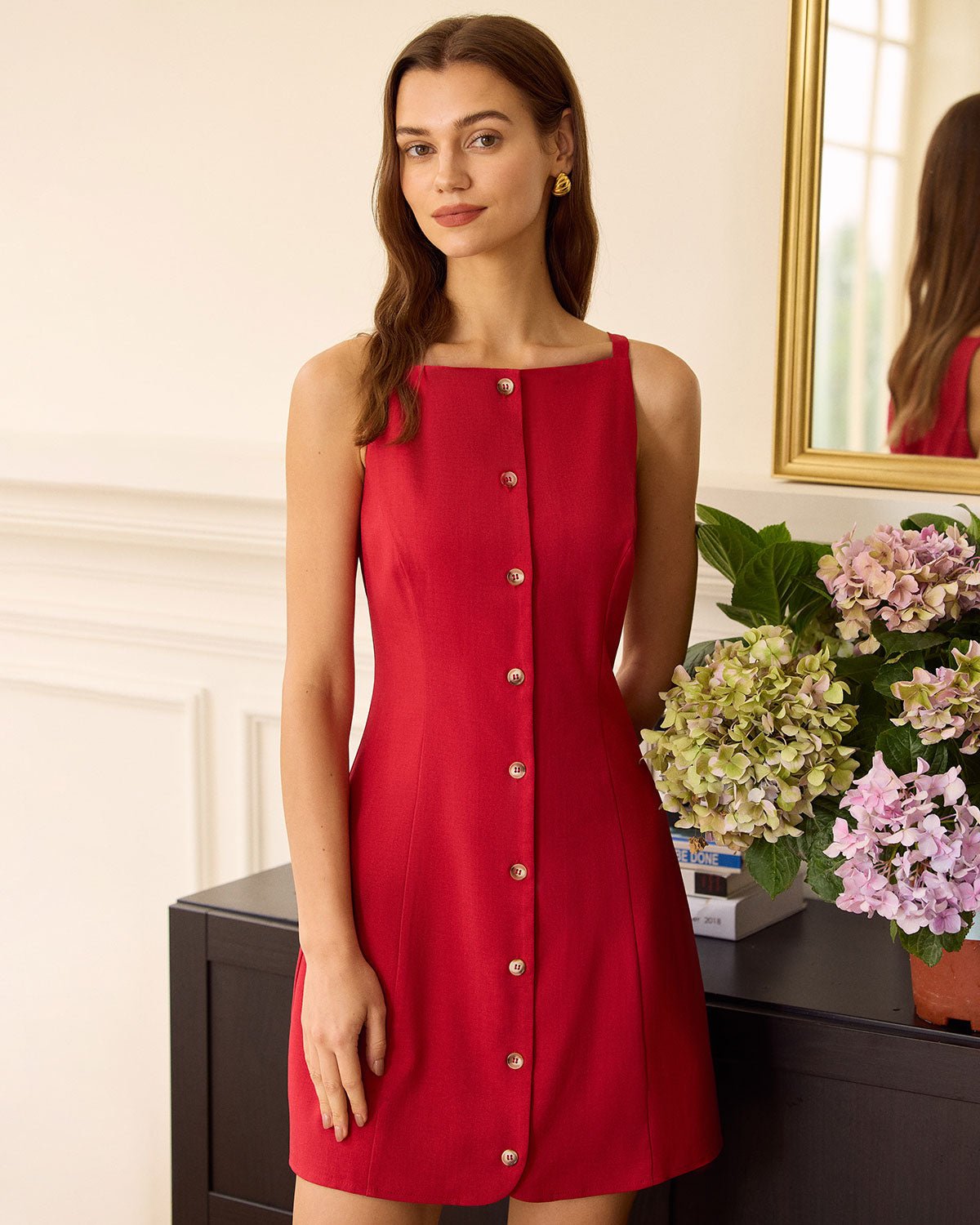 The Red Boat Neck Button Mini Dress