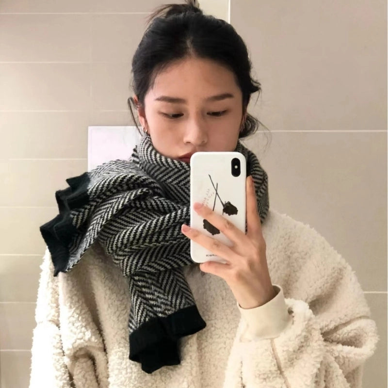 New Scarf Women's Winter Contrast Color Herringbone Pattern Knitted  Fashion Couple Color Matching Knitted Thickened Warm Scarf