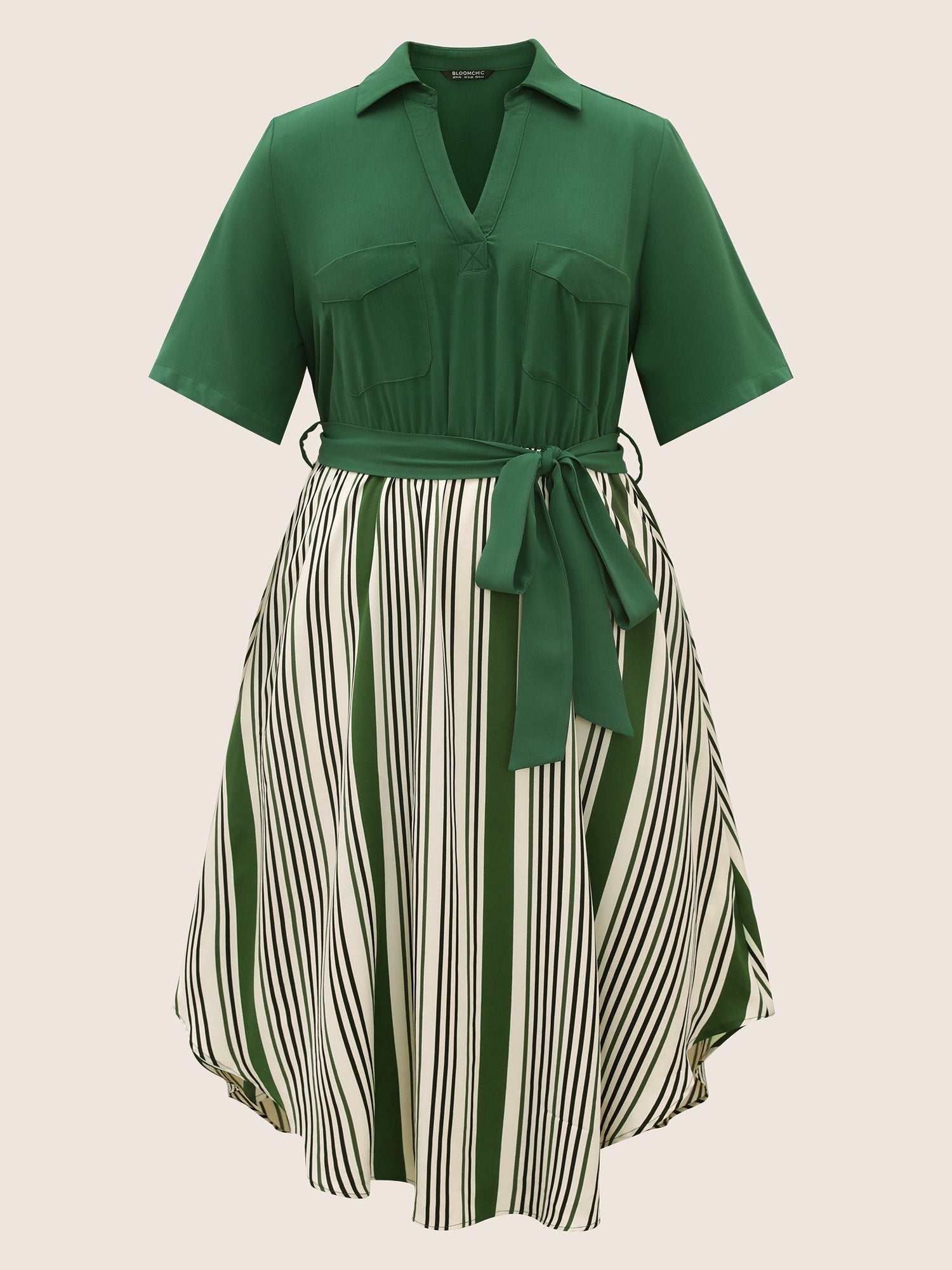 Striped Patchwork Belted Patched Pocket Dress