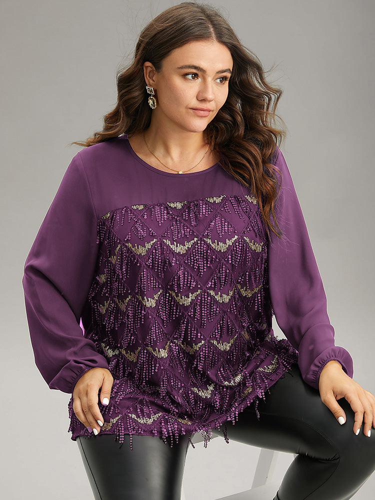 Sequin Tassel Trim Patchwork Lantern Sleeve Blouse