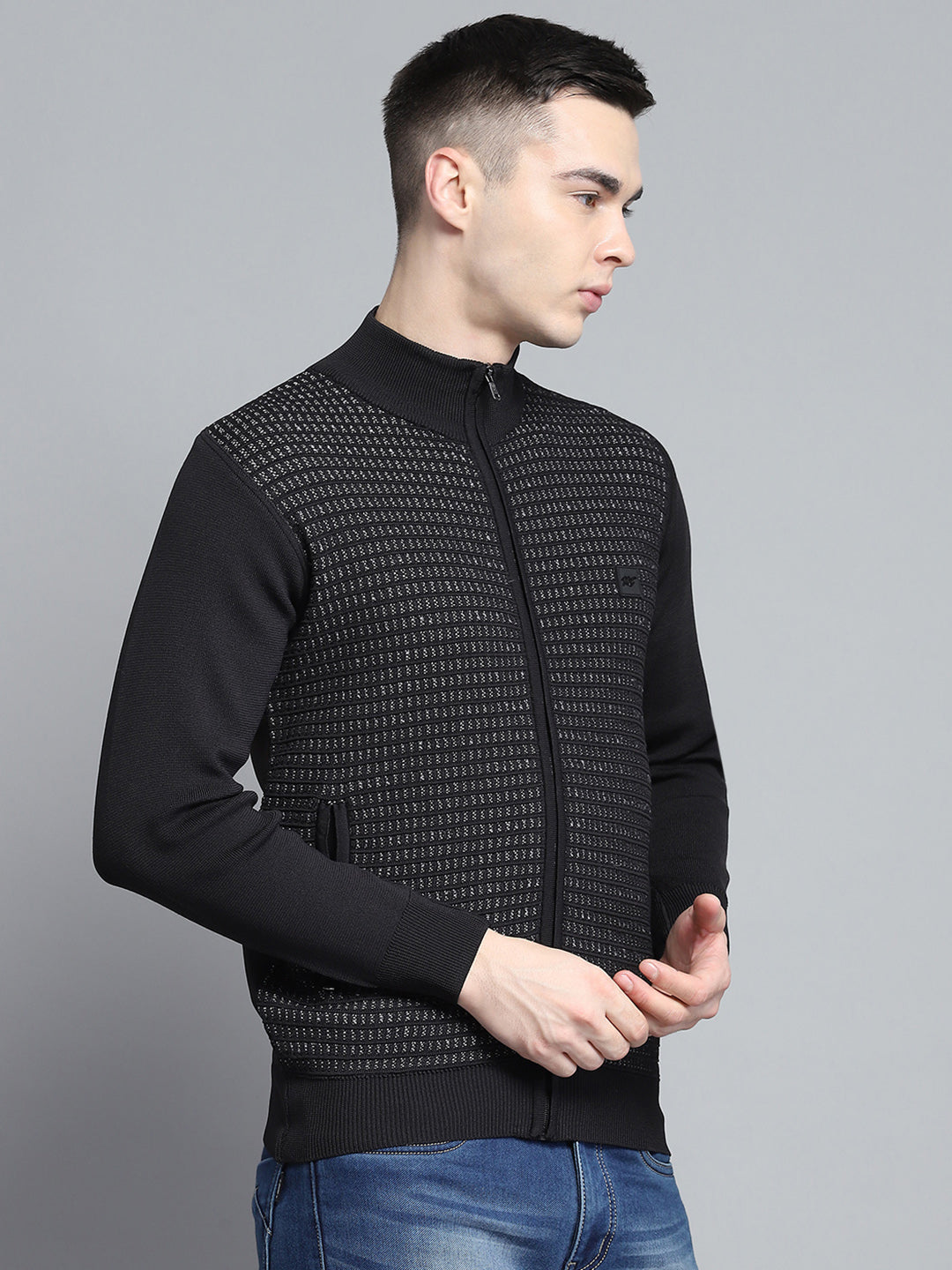 Men Black Self Design Mock Neck Full Sleeve Pullover