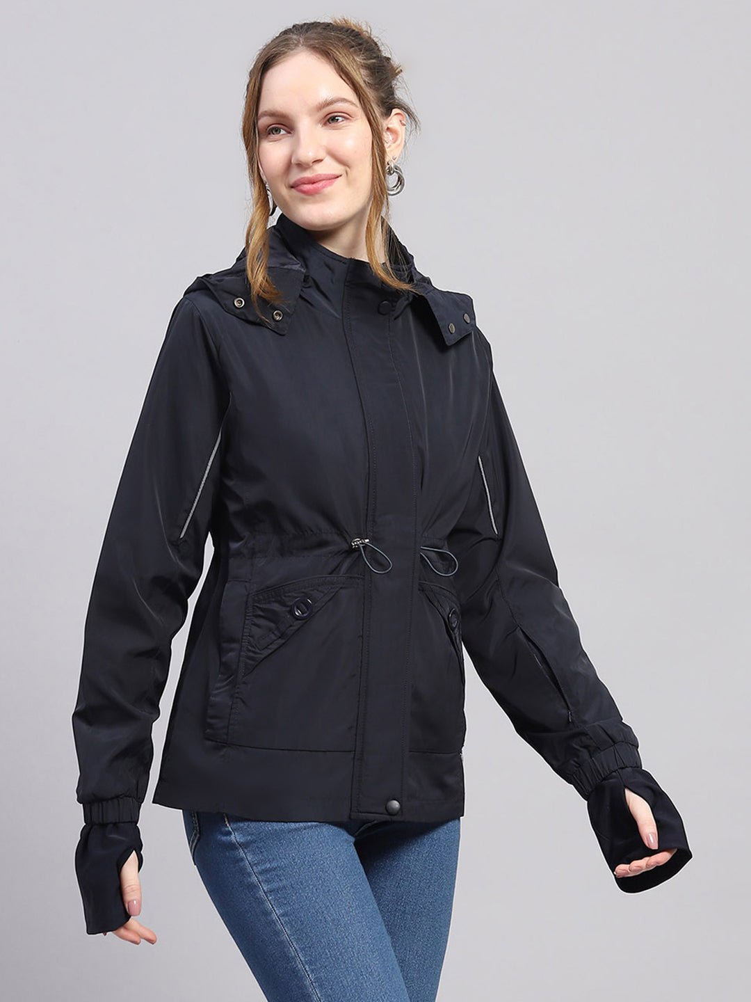 Women Navy Blue Solid Detachable Hood Full Sleeve Jacket