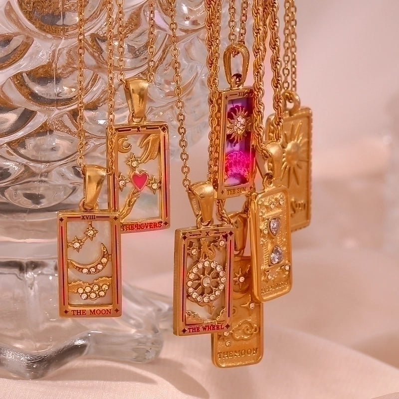 Vintage Style Star Rectangle Stainless Steel Plating Inlay Rhinestones Zircon 18k Gold Plated Pendant Necklace