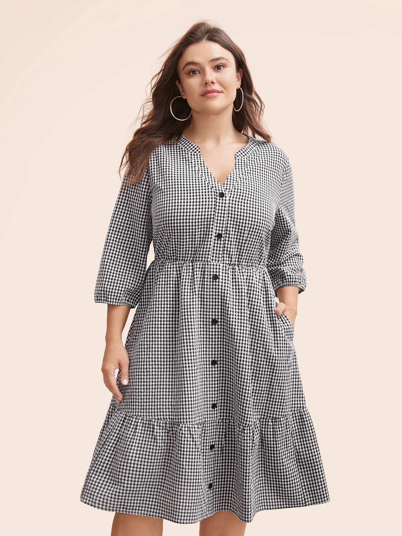 Gingham Notched Ruffle Hem Lantern Sleeve Dress