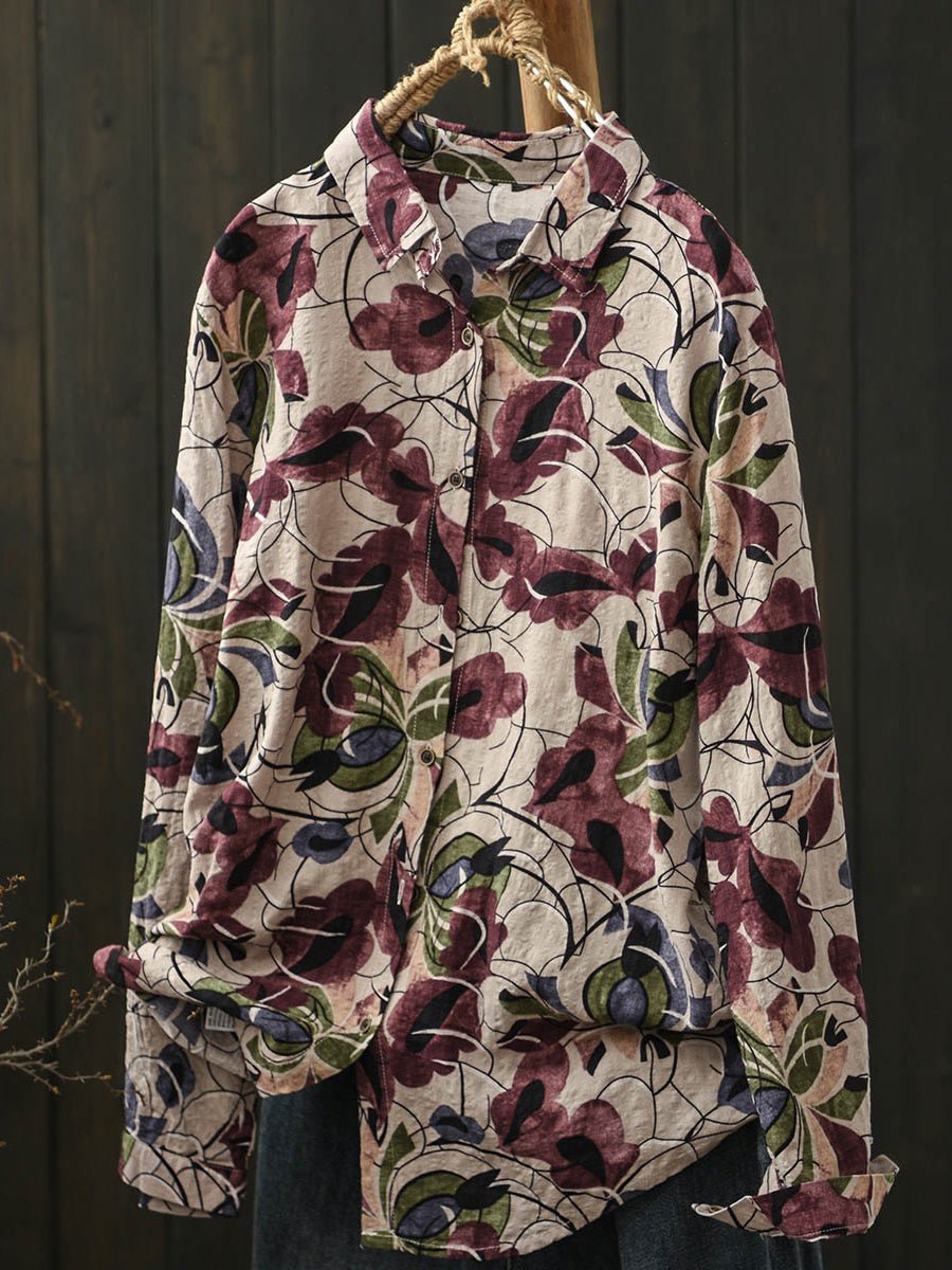 Women Spring Flower Turn-down Collar Shirt