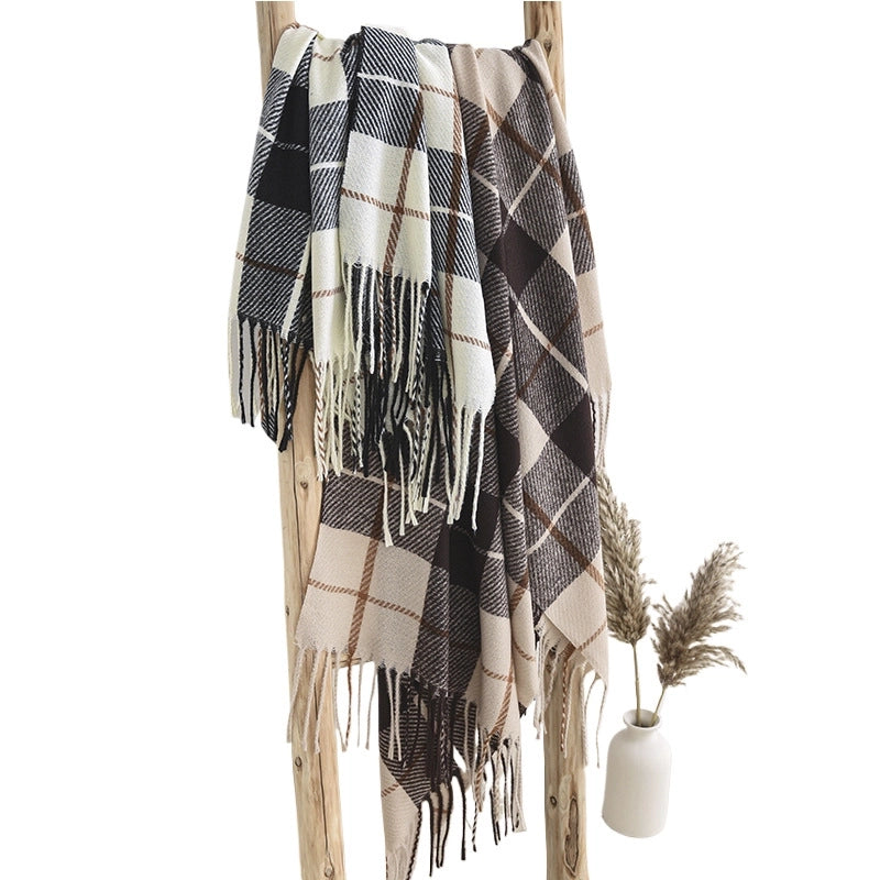 Women's Retro British Style Plaid Imitation Cashmere Tassel Scarf
