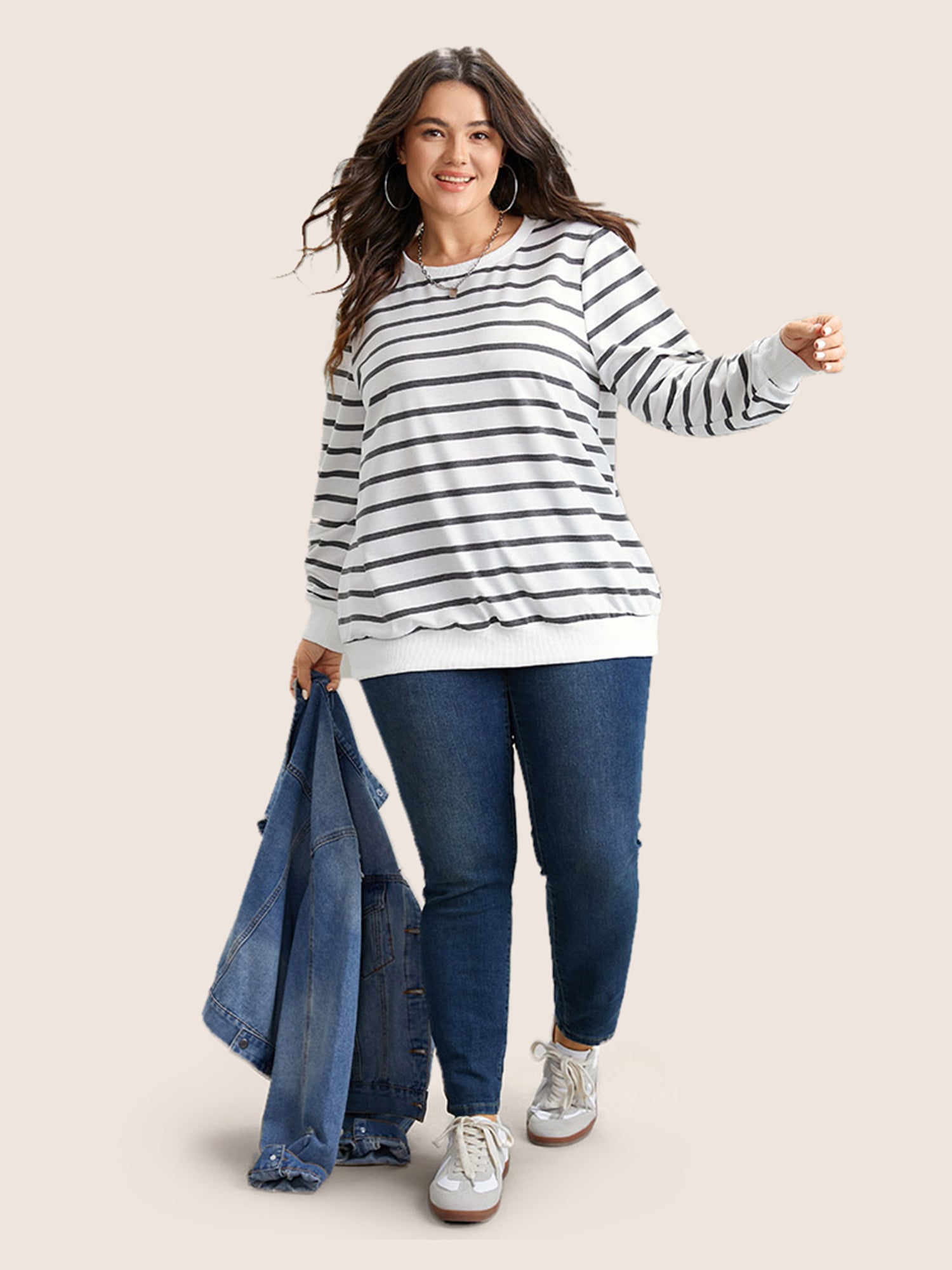 Rib Knit Striped Round Neck Sweatshirt