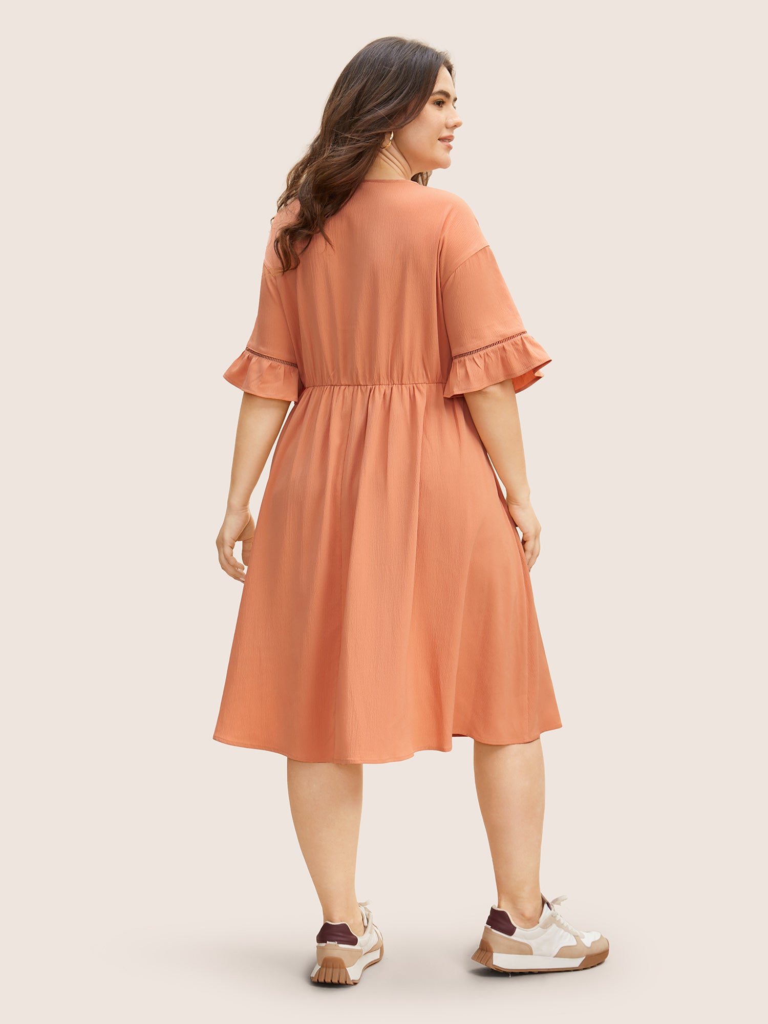 Solid Button Detail Cut Out Ruffle Sleeve Dress