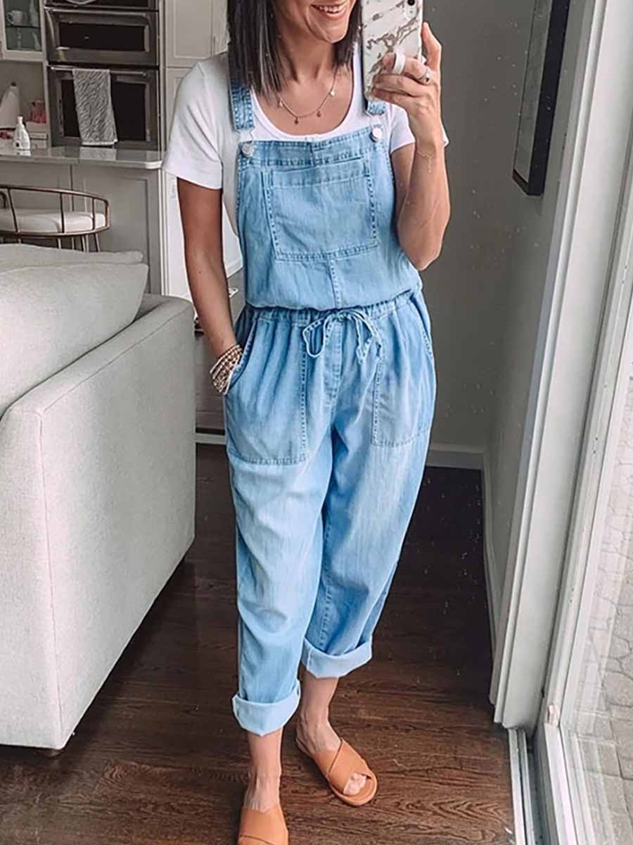 Loose Elastic Waist Denim Jumpsuit