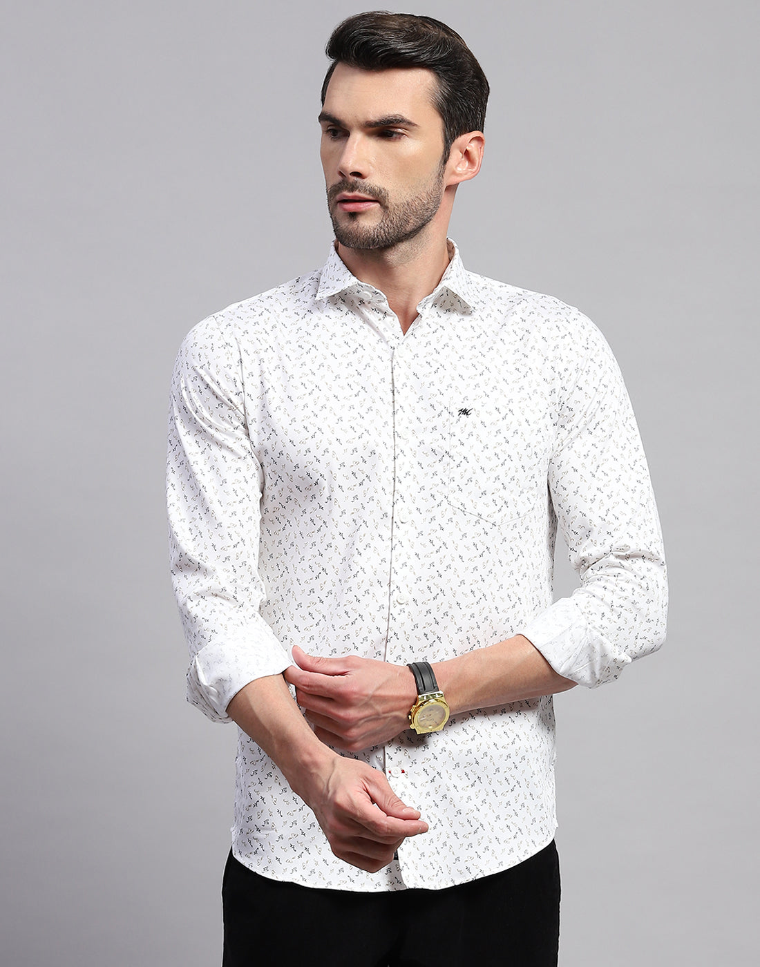 Men White Printed Collar Neck Full Sleeve Shirt