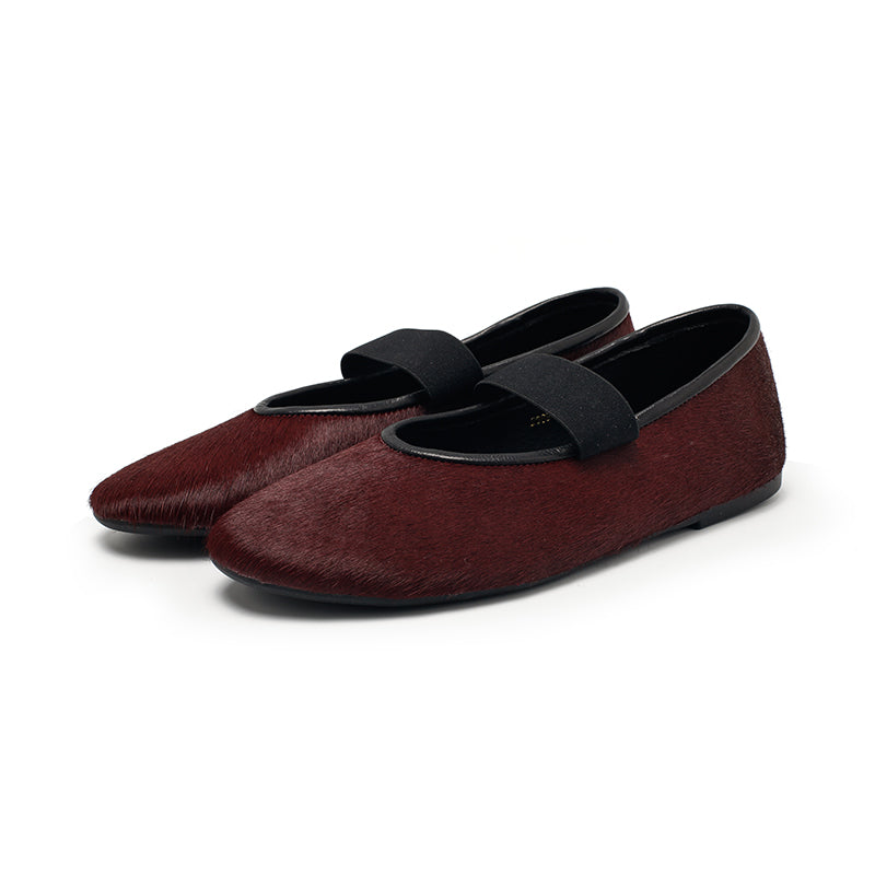Elegant Round Toe Soft Leather Mary Jane Flats in Red/Black/Wine Red