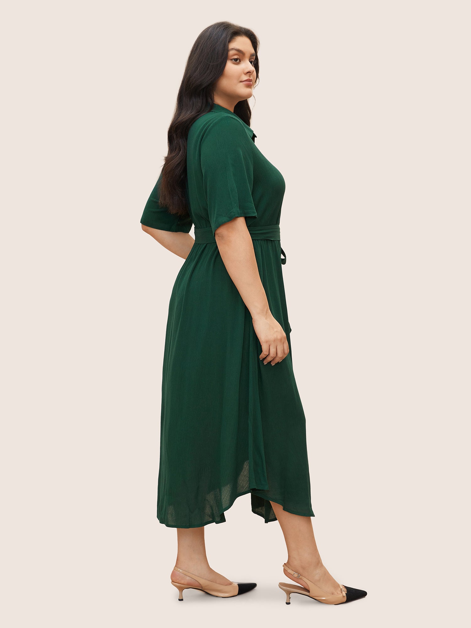 Solid Button Pocket Shirt Collar Belted Maxi Dress