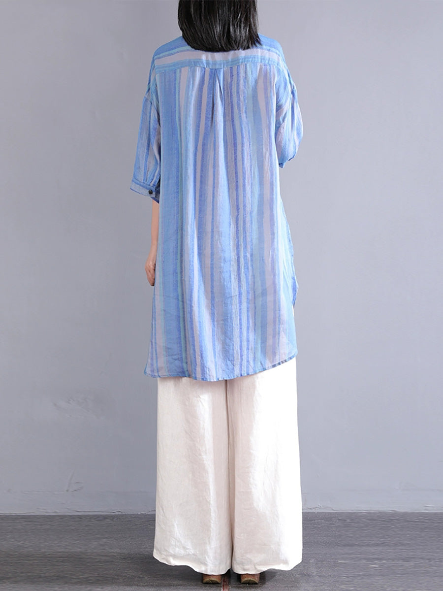 Women Summer Artsy Stripe Turn-down Collar 100%Ramie Shirt