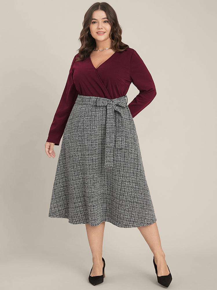 Plaid Patchwork Surplice Neck Belted Tweed Dress
