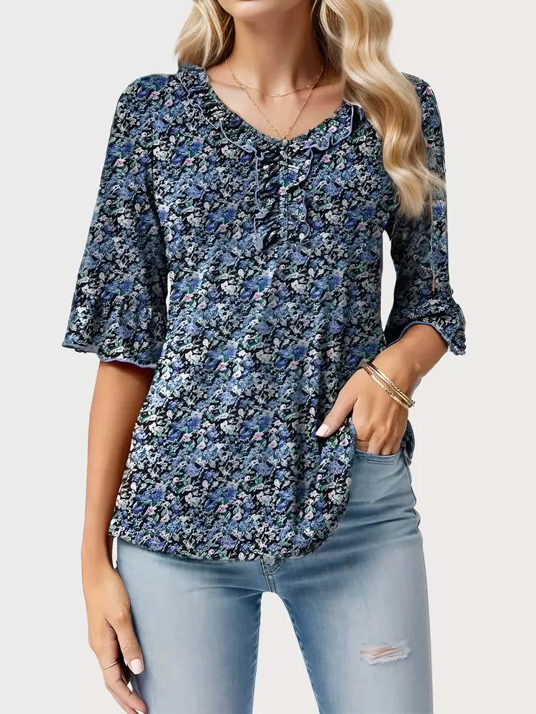 Floral Wrinkle V-neck Flare Blouse