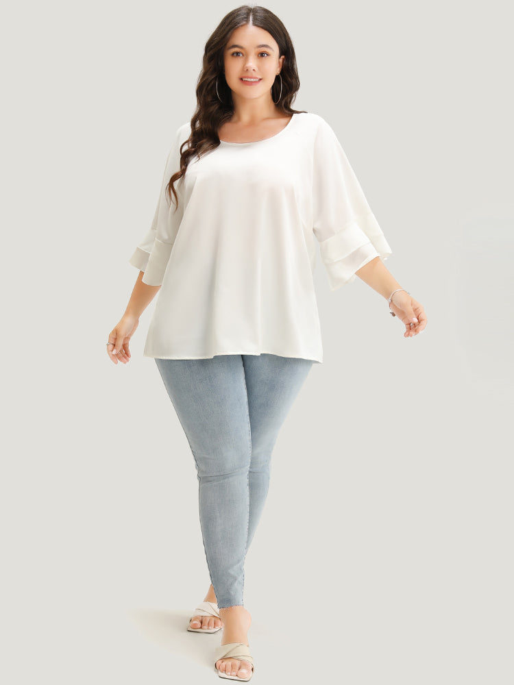 Plain Ruffle Tiered Round Neck Blouse