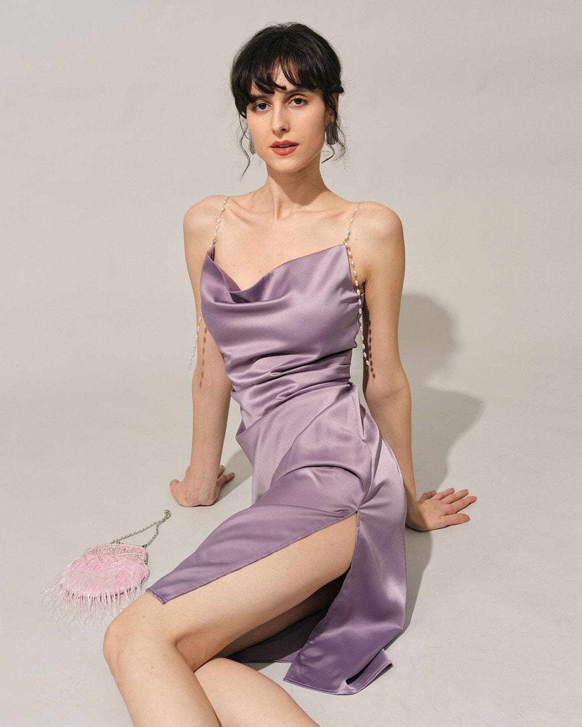 The Solid Cowl Neck Pearl Strap Midi Dress