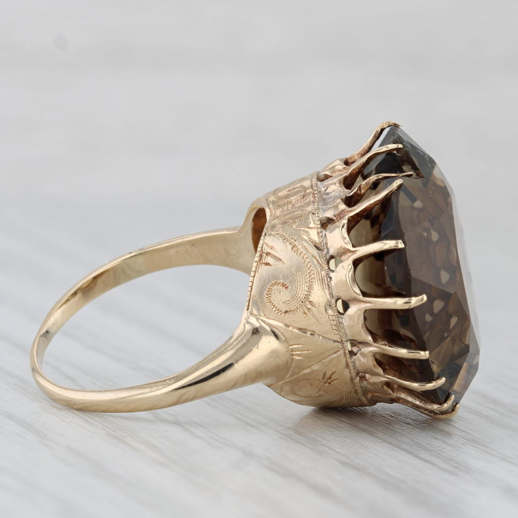 Large 26ct Smoky Quartz Heart Ring 14k Yellow Gold Size 7.25 Statement Cocktail