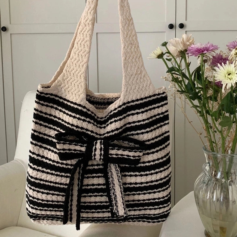 Women's Medium Polyester Stripe Bow Knot Vintage Style Weave Open Shoulder Bag