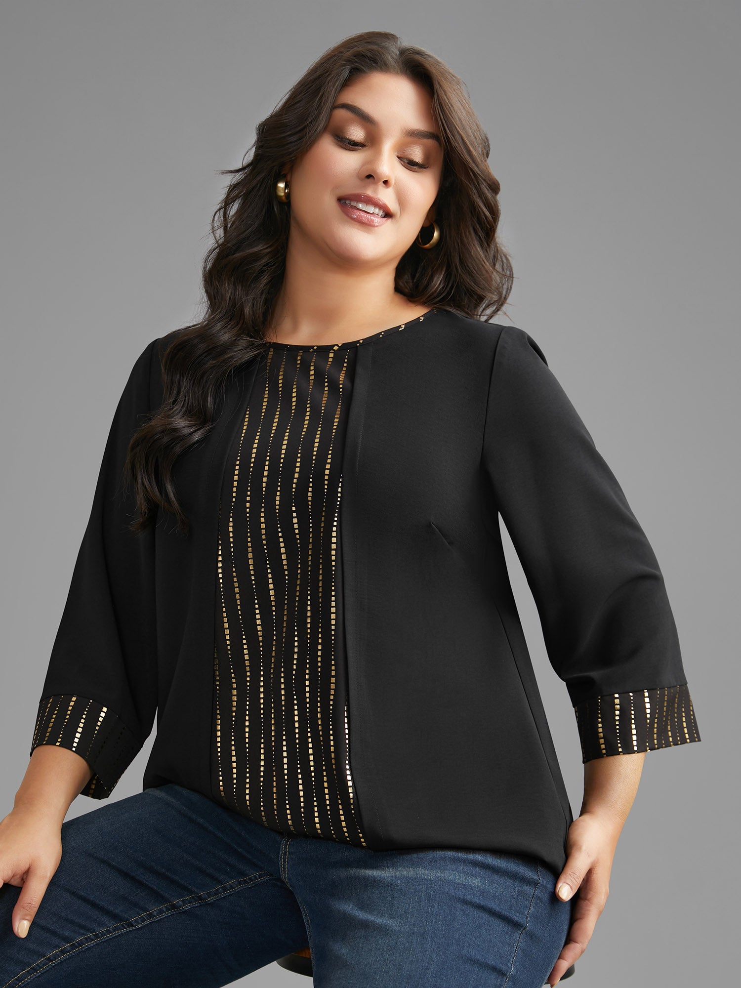 Crew Neck Glitter Patchwork Contrast Blouse