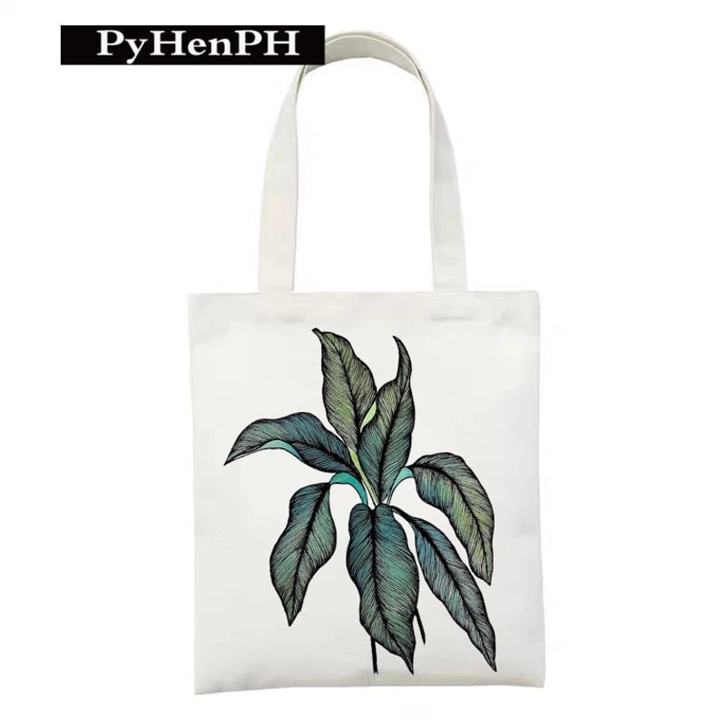 Women's Polyester Cartoon Leaves Streetwear Square Open Canvas Bag