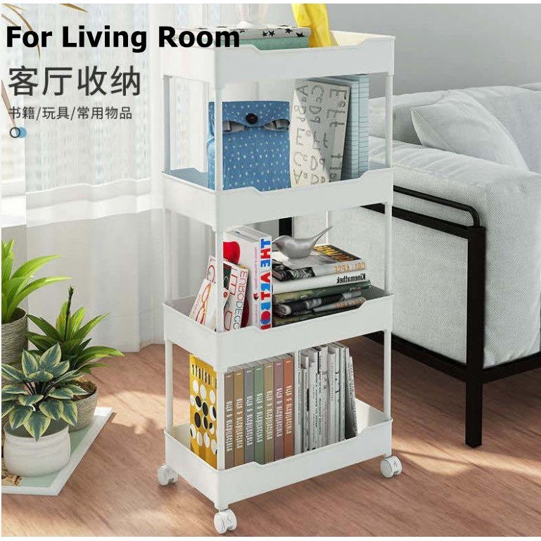 Kitchen Storage Trolley. Plastic Serving Rolling Cart Basket Tray with Wheels. for Bedroom Bathroom Office