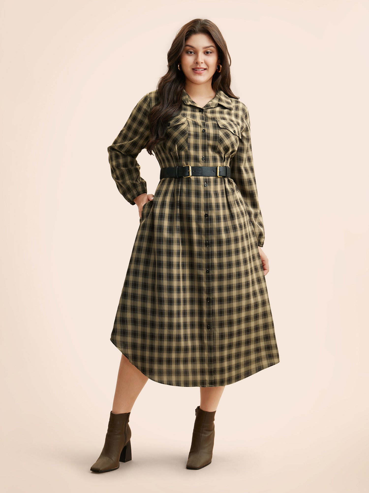 Plaid Pleated Flap Pocket Arc Hem Dress