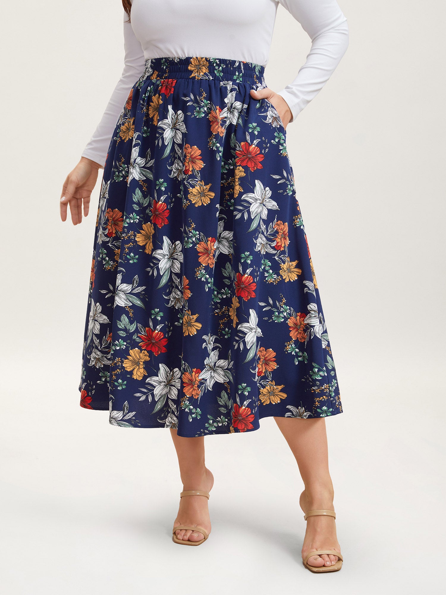 Floral Print Drawstring Pleated Midi Skirt