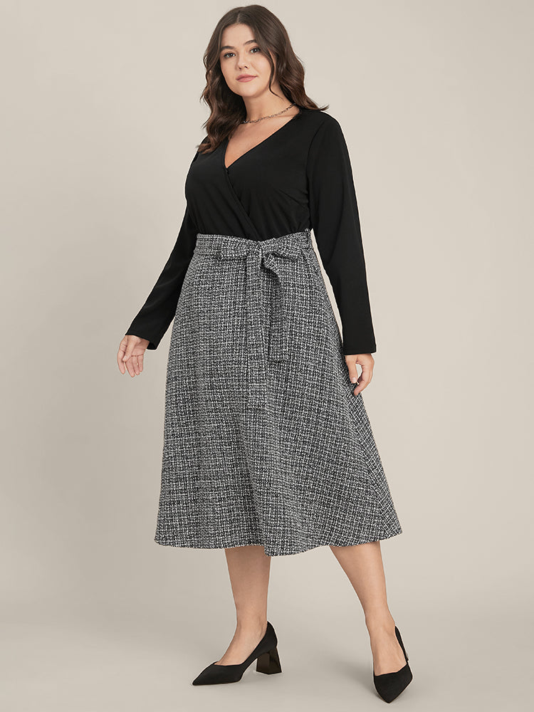 Plaid Patchwork Surplice Neck Belted Tweed Dress