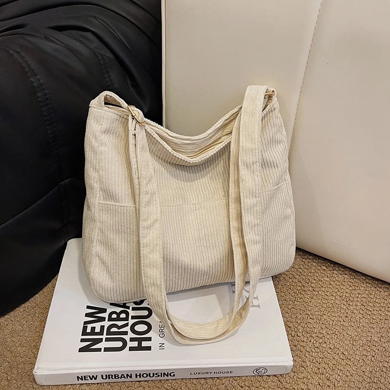 Women's Medium Cotton Velvet Solid Color Basic Classic Style Square Zipper Tote Bag