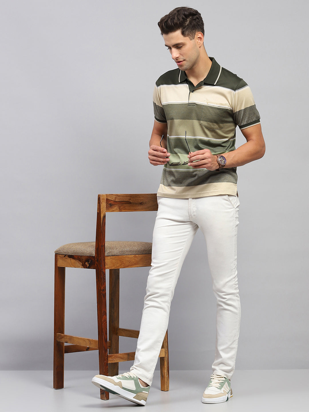 Men Olive Stripe Collar Half Sleeve T-Shirt