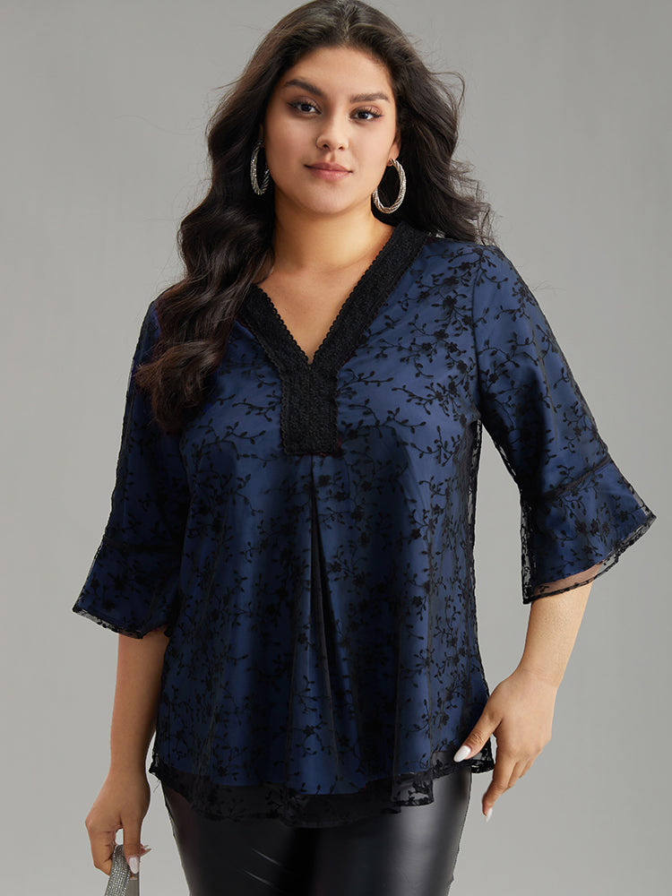 Crochet Lace Mesh Bell Sleeve Blouse