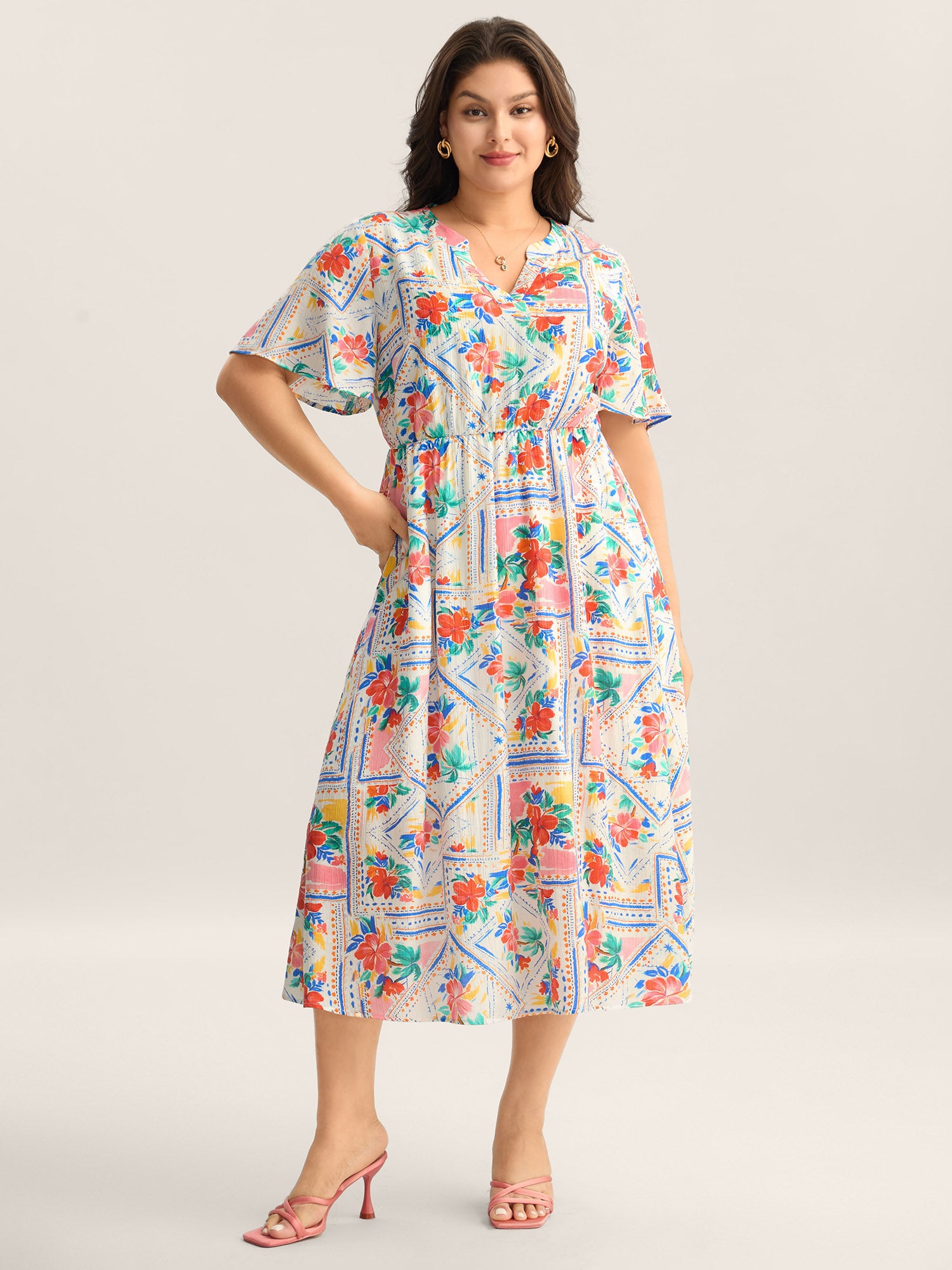 Floral Collage Print Pockets Midi Dress